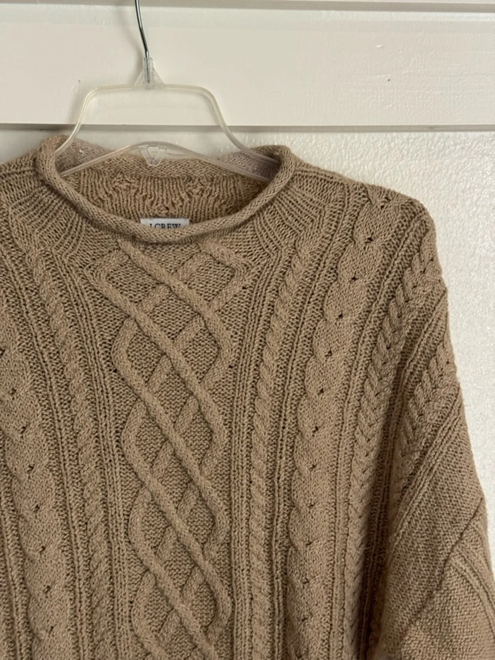 J.Crew Cable Knit Sweater Tan Neutral Chunky Crewneck Pullover Size L Classic